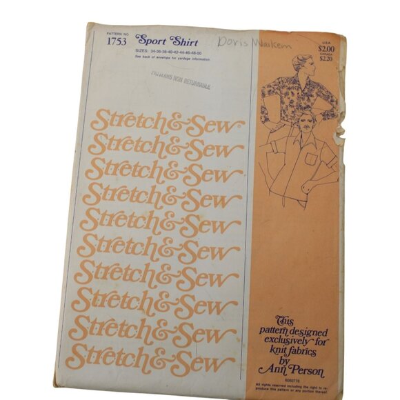 UNCUT Stretch & Sew Pattern 1753 Mens Sport Shirt Vintage 1976 93740 - Picture 1 of 3